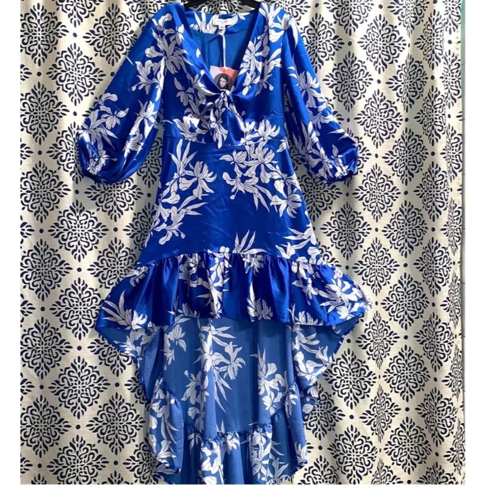 NWT ALEXIS for Target Blue Floral Tie-Front High-Low Dress Medium - Picture 4 of 16